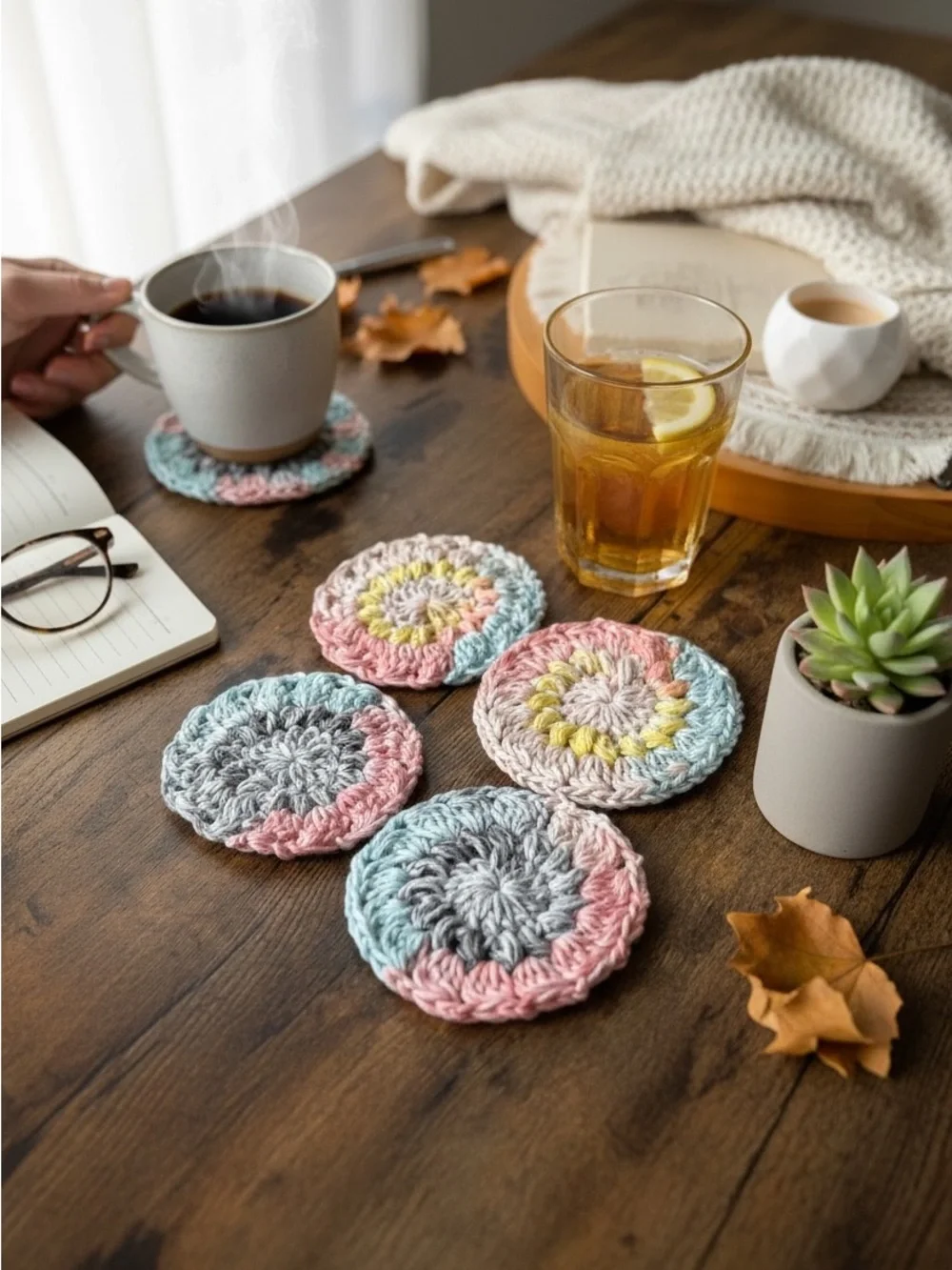 Hand Crafted Pastel Crochet Round Coasters in Pink, Blue, Gray, Cream